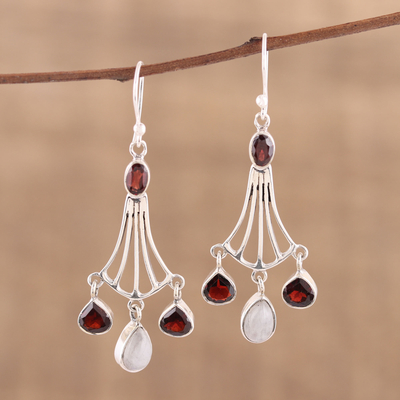 Garnet and rainbow moonstone dangle earrings, 'Brilliant Rainbow' - Handmade 925 Sterling Silver Dangle Earrings Moonstone