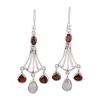 Garnet and rainbow moonstone dangle earrings, 'Brilliant Rainbow' - Handmade 925 Sterling Silver Dangle Earrings Moonstone