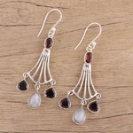 Garnet and rainbow moonstone dangle earrings, 'Brilliant Rainbow' - Handmade 925 Sterling Silver Dangle Earrings Moonstone