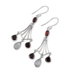 Garnet and rainbow moonstone dangle earrings, 'Brilliant Rainbow' - Handmade 925 Sterling Silver Dangle Earrings Moonstone