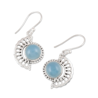 Chalcedony dangle earrings, 'Crescent Flower' - Handmade 925 Sterling Silver Blue Chalcedony Earrings India