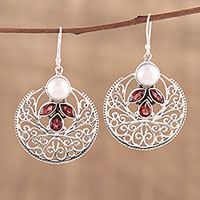 Garnet and cultured pearl dangle earrings, 'Undying Radiance' - Handmade 925 Sterling Silver Cultured Pearl Garnet Earrings