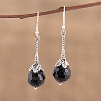 Onyx dangle earrings, 'Midnight Flower' - Handmade Onyx 925 Sterling Silver Dangle Earrings India