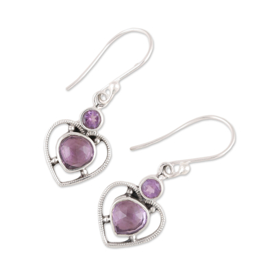 Amethyst dangle earrings, 'Lavender Heart' - Handmade 925 Sterling Silver Amethyst Heart Earrings