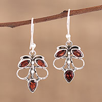 Garnet dangle earrings, 'Burnt Leaves' - Handmade 925 Sterling Silver Garnet Autumn Leaf Earrings