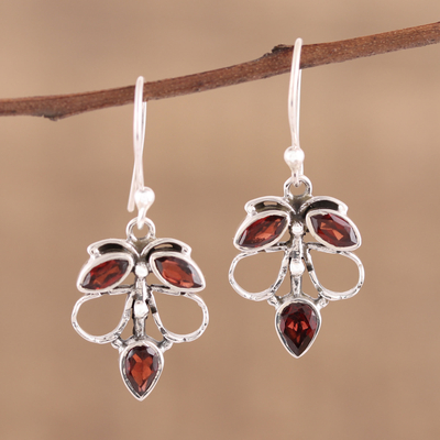 Garnet dangle earrings, 'Burnt Leaves' - Handmade 925 Sterling Silver Garnet Autumn Leaf Earrings