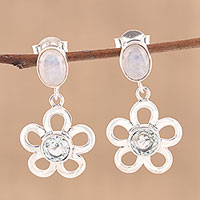 Blue topaz and rainbow moonstone dangle earrings, 'Azure Flower' - Handmade Sterling Silver Rainbow Moonstone Topaz Earrings