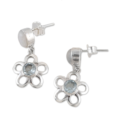 Blue topaz and rainbow moonstone dangle earrings, 'Azure Flower' - Handmade Sterling Silver Rainbow Moonstone Topaz Earrings