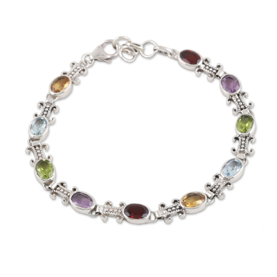 Multi-gemstone link bracelet, 'Jazzy Elegance' - Handmade 925 Sterling Silver Gemstone Tennis Bracelet