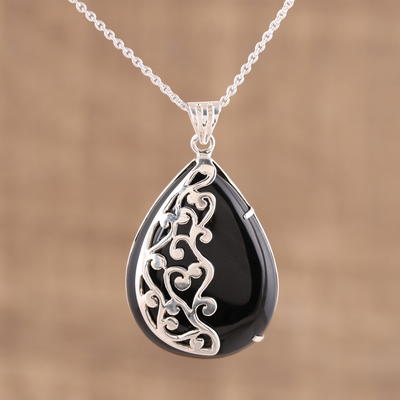 Onyx pendant necklace, 'Mystical Dangle' - Handmade Black Onyx 925 Sterling Silver Pendant Necklace
