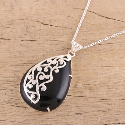 Onyx pendant necklace, 'Mystical Dangle' - Handmade Black Onyx 925 Sterling Silver Pendant Necklace