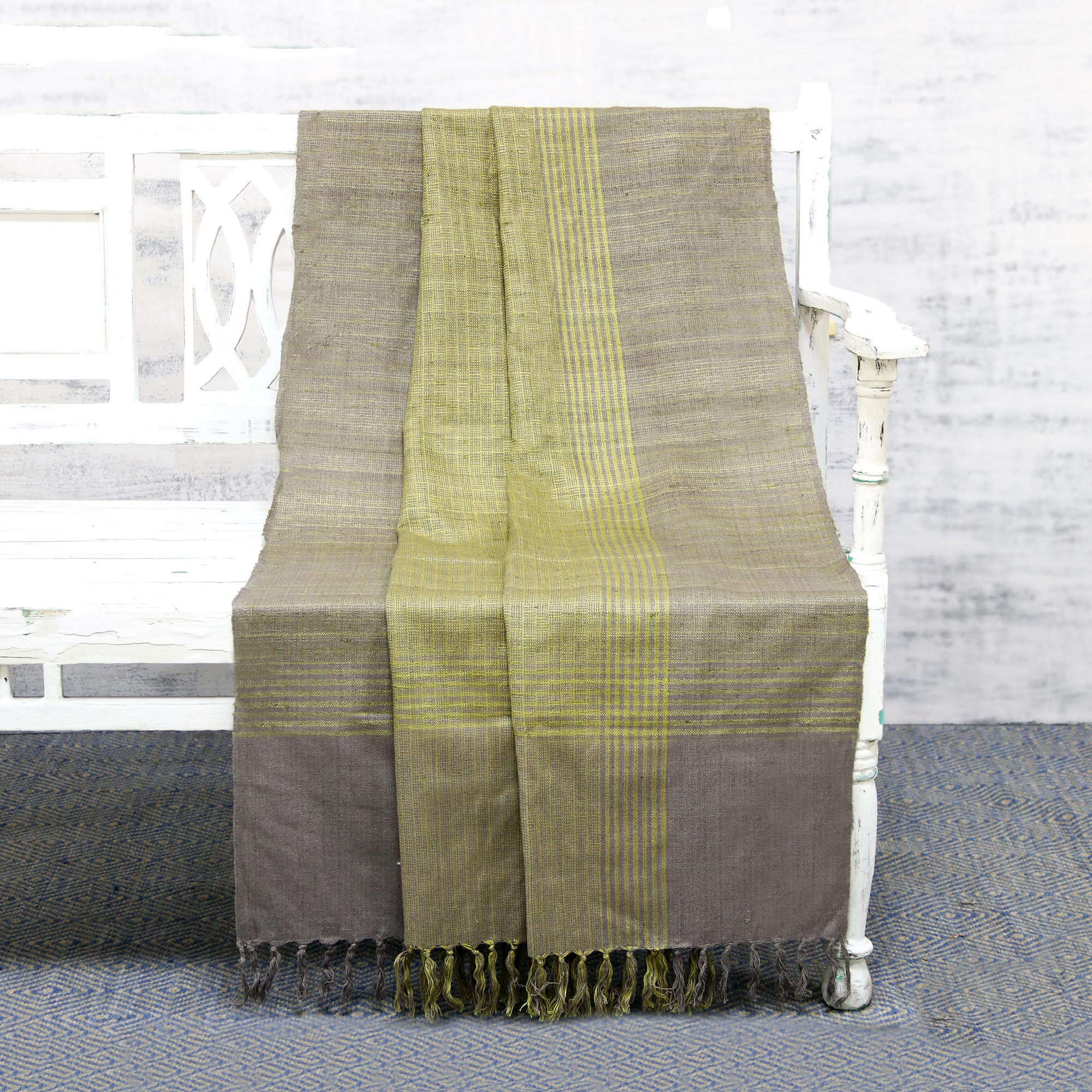 Grey And Citron 100 Silk Throw Blanket Handwoven In India Misty Meadow Novica