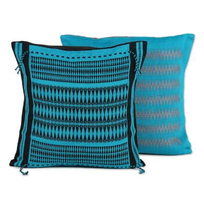 Cotton cushion covers, 'Teal Delight' (pair) - Pair of Handmade Teal Geometric Motif Cotton Cushion Covers