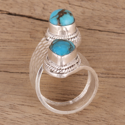 Sterling silver wrap ring, 'Dreamy Duo' - Composite Turquoise and Sterling Silver Wrap Ring from India