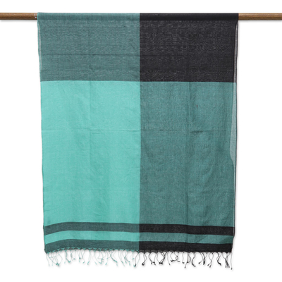 Cotton shawl, 'Magical Sea' - Green Navy 100% Cotton Shawl with Fringe from India