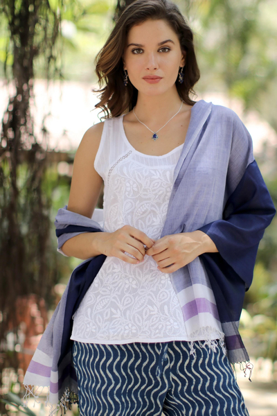 Cotton shawl, 'Enchanting Fusion' - Navy Blue and White Hand Woven Gamocha Cotton Shawl