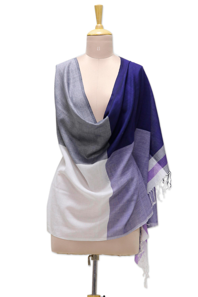 Cotton shawl, 'Enchanting Fusion' - Navy Blue and White Hand Woven Gamocha Cotton Shawl