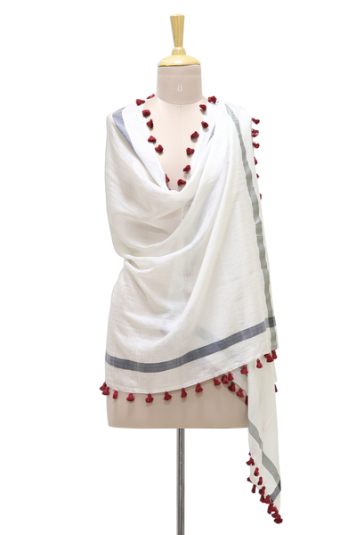 Mantón de mezcla de seda y algodón, 'Blissful Simplicity' - Mantón blanco de mezcla de algodón de seda tejido a mano con borlas rojas