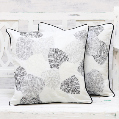 Cotton cushion covers, 'Floating Leaves' (pair) - Handmade 100% Cotton Leaf Pattern Cushion Covers