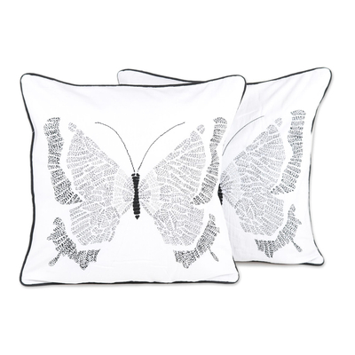 Cotton cushion covers, 'Floating Butterfly' (pair) - Handmade 100% Cotton Butterfly Pattern Cushion Covers