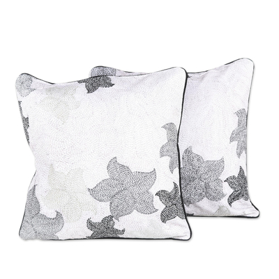 Cotton cushion covers, 'Happy Flowers' (pair) - Handmade 100% Cotton Floral Patterned Cushion Covers (2)