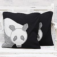 Cotton cushion covers, 'Panda Delight' (pair) - 100% Cotton Panda Pattern Neutral Cushion Covers Pair