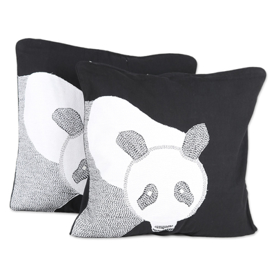 100% Cotton Panda Pattern Neutral Cushion Covers Pair
