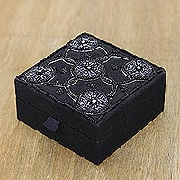 Cotton Jewellery box, 'Midnight Blooms' - Handmade Black Cotton Beaded Jewellery Box from India