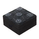 Cotton jewelry box, 'Midnight Blooms' - Handmade Black Cotton Beaded Jewelry Box from India