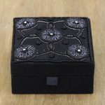 Cotton jewelry box, 'Midnight Blooms' - Handmade Black Cotton Beaded Jewelry Box from India