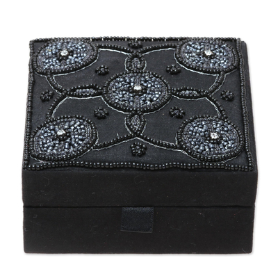 Cotton jewelry box, 'Midnight Blooms' - Handmade Black Cotton Beaded Jewelry Box from India