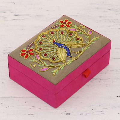 Cotton and velvet jewelry box, 'Peacock Paradise' - Handmade Cotton and Velvet Embroidered Peacock Jewelry Box