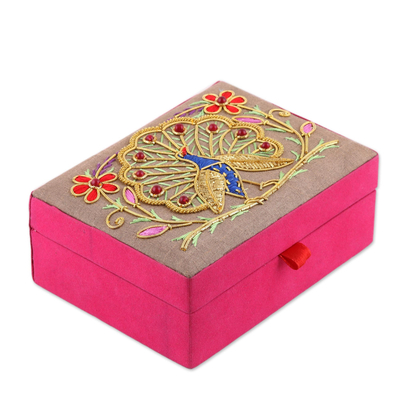 Cotton and velvet jewelry box, 'Peacock Paradise' - Handmade Cotton and Velvet Embroidered Peacock Jewelry Box