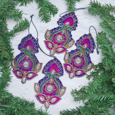 Beaded embroidered ornaments, 'Christmas Glam' (set of 4) - Set of 4 Glamorous Beaded Zari Embroidered Ornaments