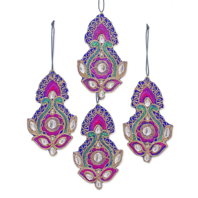 Beaded embroidered ornaments, 'Christmas Glam' (set of 4) - Set of 4 Glamorous Beaded Zari Embroidered Ornaments