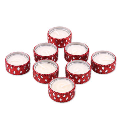 Set of 8 Red Festive Tealight Candle Holders from India