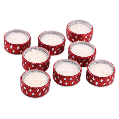 Resin tealight candle holders, 'Festive Glamour' (set of 8) - Set of 8 Red Festive Tealight Candle Holders from India