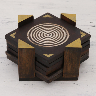 Wood coasters, 'Bull's Eye' (set of 6) - Handmade Set of 6 Brown Geometric Wood Coasters from India