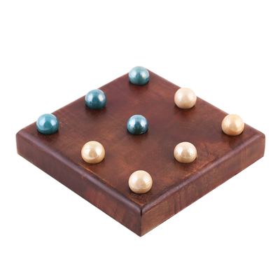 Mango wood tic-tac-toe game, 'Terni Lapilli' - Handmade Mango Wood and Glass Tic-Tac-Toe Game Set