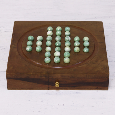 Wood solitaire game, 'Mind Over Marble' - Handmade Acacia Wood and Glass Solitaire Game Set from India