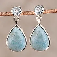 Pendientes colgantes Larimar y topacio azul - Deslumbrantes aretes colgantes de larimar y topacio azul de la India