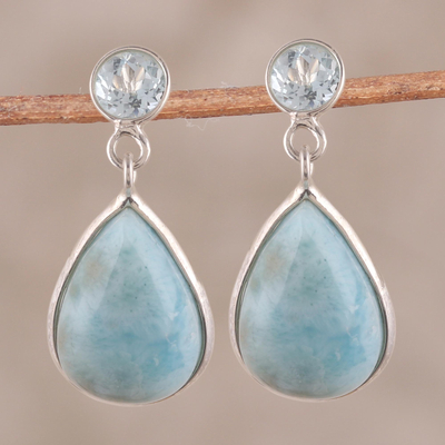 Larimar and blue topaz dangle earrings, 'Alluring Sky' - Dazzling Larimar and Blue Topaz Dangle Earrings from India