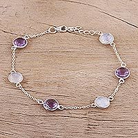 Rainbow moonstone and amethyst station bracelet, 'Eternal Opulence' - Rainbow Moonstone and Amethyst Sterling Silver Link Bracelet