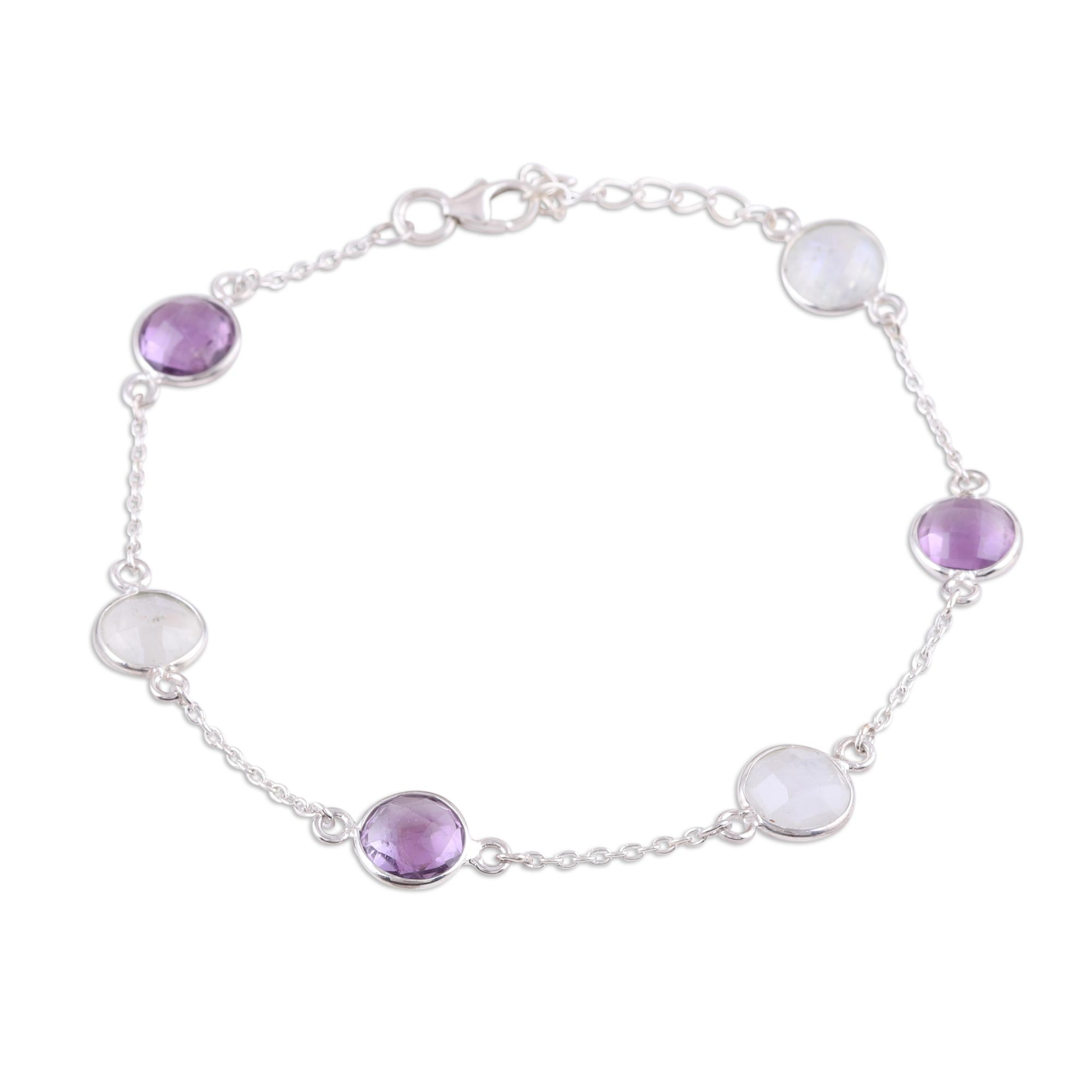 Rainbow Moonstone and Amethyst Sterling Silver Link Bracelet - Eternal ...