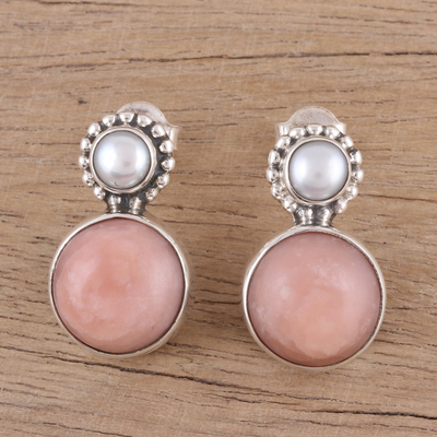 Cultured pearl and opal drop earrings, 'Moonlit Blush' - Cultured Freshwater Pearl and Pink Opal Drop Earrings
