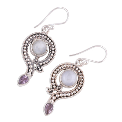 Rainbow moonstone and amethyst dangle earrings, 'Graceful Query' - Rainbow Moonstone and Amethyst Dangle Earrings from India