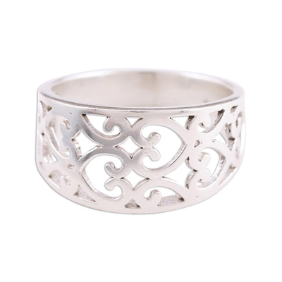 Sterling silver band ring, 'Amour Allure' - Sterling Silver Heart Motif Band Ring Handcrafted in India