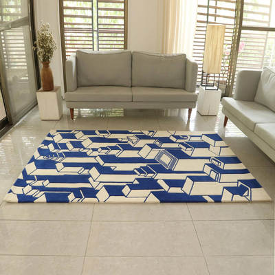 Wool area rug, 'Delhi Heights' (5x7.5) - Hand Tufted Indian Sapphire and Ivory Wool Rug (5x7.5)