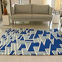 Wool area rug, 'Magical Maze' (5x7) - Hand Tufted Blue and Ivory Wool Rug from India (5x7)