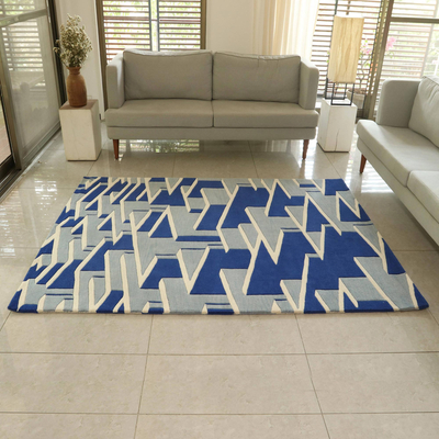 Wollteppich, (5x7) - Handgetufteter Teppich aus blauer und elfenbeinfarbener Wolle aus Indien (5x7)